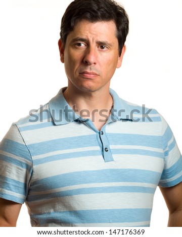Confident, Caucasian middle aged man with blue collared shirt, short dark hair, dark brown eyes and olive skin