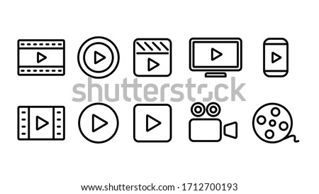 Video movie vod streaming button icon set line vector illustration. White black color.