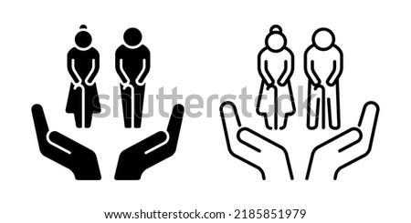 Hands of home helpers who care for the elderly and elderly couples. Vector icon material set black and white