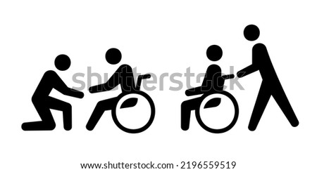 Nurse who supports a patient with a disability pushing a wheelchair Black and white vector icon material set