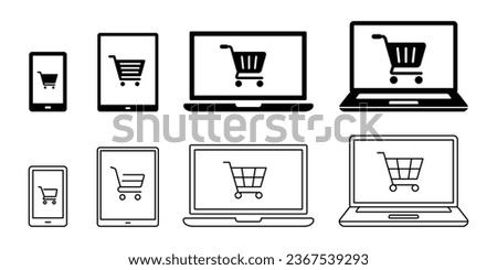 Online shopping, shopping cart and laptop, tablet, phone. Illustration black and white icon material set