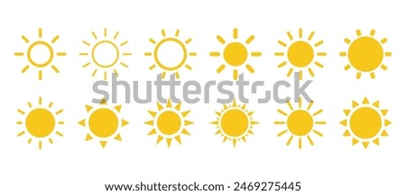 Yellow simple sun, hot summer weather symbol, heatstroke caused by sunlight, vector icon illustration material