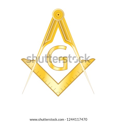 Golden masonic square and compass symbol, with G letter. Mystic occult esoteric, sacred society. Vector illustration
