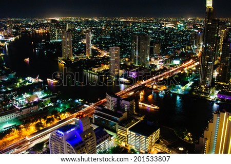Bangkok, Thailand - May 24, 2014: Night view over Bangkok city, Thailand.Bangkok is the capital and the most populous city of Thailand with a population of over eight million.