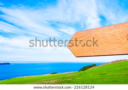 Blank wooden arrow over clear blue sky in countryside with copy space, just add your text here