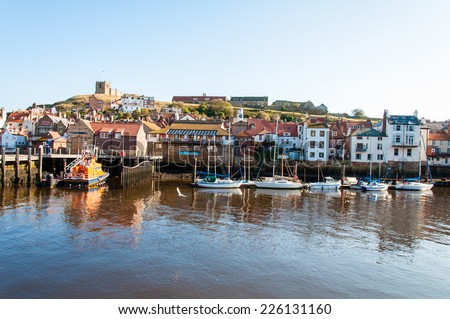 Whitby,UK - October 12, 2014: Scenic view of Whitby city and abbey.Whitby\'s attraction as a tourist destination is enhanced by its association with the world famous horror novel Dracula by Bram Stoker