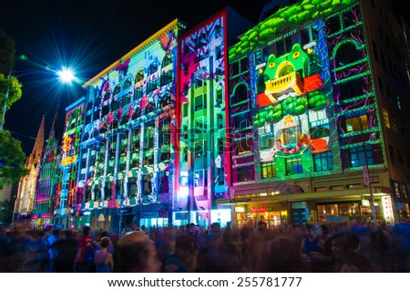 Melbourne, Australia - 21 February 2015: Art colorful projections over historical buildings.More then 500,000 people joined annual Melbourne's White Night cultural festival in Melbourne, Australia