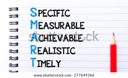 SMART as Specific, Measurable, Achievable, Realistic, Timely Text written on notebook page, red pencil on the right. Motivational Concept image