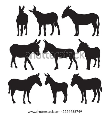 Donkey farm animal silhouette, set stencil templates