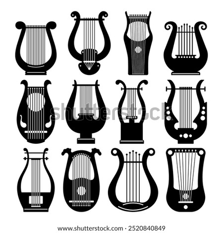 Lyre silhouette stencil templates kithara cliparts hand drawn vector illustration