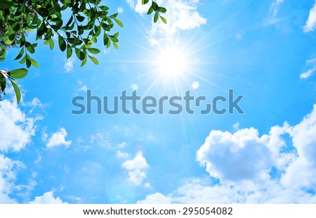Natural sun flare with blue clouds sky and green leaves