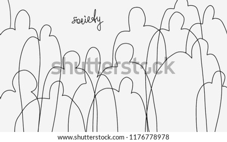 Minimalistic sketch on theme of society. Idea of facelessness of the crowd. Concept of loss of personality in mass. Use as social advertising, banner, poster, icon, logo. Vector isolated curl lines