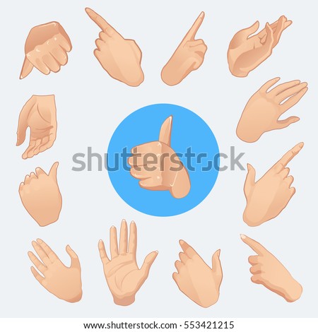 Set of realistic hands in different gestures, emotions and signs. isolated on white background. Vector illustration
