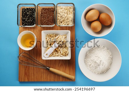 ingredients and tools to make a cake