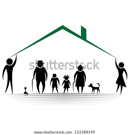 Protection people silhouette family icon. Person vector woman, man. Child, grandfather, grandmother, dog, cat, baby buggy, carriage. Home illustration.