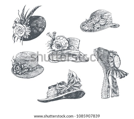 Set of women's hats. Vintage Hand Drawn collection. Fashion retro Illustration in ancient engraving style