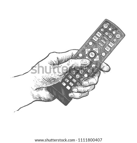 Hand pressing an button on the remote controller. Hand drawn engraving style pen hatching paper painting retro vintage vector illustration