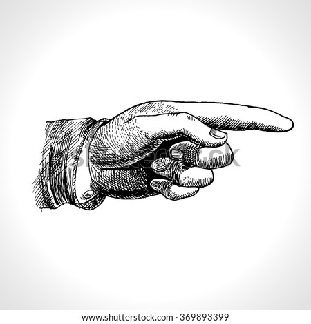 Pointing hand. Vector of pointing finger, vintage gravure style. 