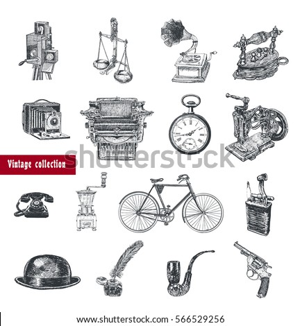 Retro set. Movie camera, typewriter, gramophone, camera, scales, hours, coffee grinder, telephone set, bicycle, old iron, sewing machine, lighter, bowler hat, inkwell, pipe, revolver. Vintage style