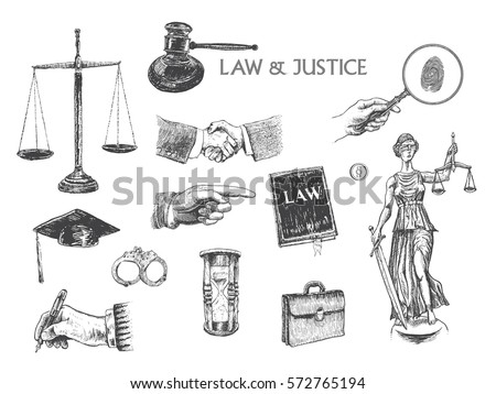 Law, justice, police set. Lawbook, handcuff, judge gavel, scales, paper, briefcase, themis, pointing hand, hand gestures, lawyer mortarboard hat, hourglass, magnifying glass. Vector handdrawn lineart