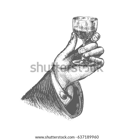 Male hand holding a glass of alcohol drink. Hand drawn design. Vintage engraving stylized drawing. Vector illustration