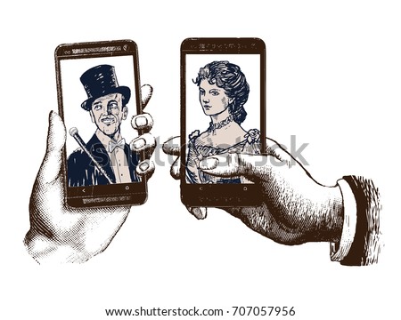 Lady and gentleman taking a selfie. Template with hand holding mobile with photo. Hand drawn engraving style pen hatching paper painting retro vintage vector illustration of the modern smartphone