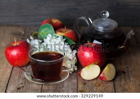 Cup of Tea, apple, apple on wooden background