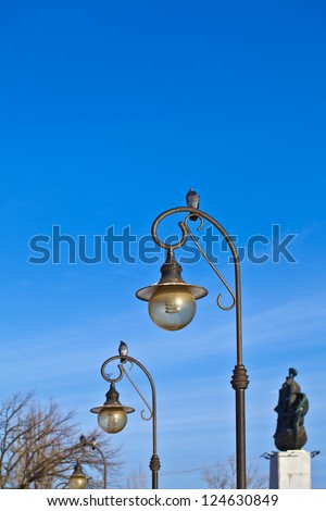 The pigeon is sitting on the lamp, the blue sky behind