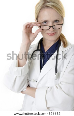 Lady doctor wearing glasses over white background