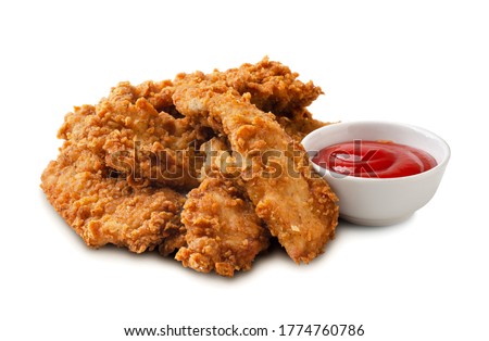 Delicious crispy fried chicken breast strips with tomato sauce isolated on a white background Stock foto © 