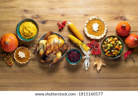 Thanksgiving dinner food, fall festive culinary concept, top down view, copy space for a text