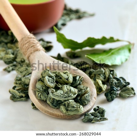 Wooden spoon with dried green tea leaves in it and a branch of green tea leaves on a backstage