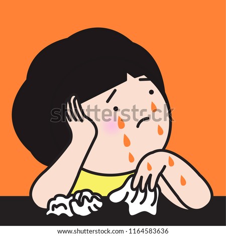 Sad Young Girl With Bitter Tears. Girl Crying And Wiping Tears With Tissue Paper Concept Card Character illustration