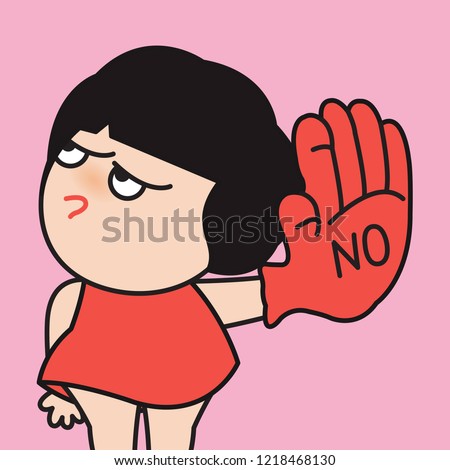 Young Angry Face Girl With Her Raising Hand In Red Glove To Say NO, Concept Against Drugs, Violence, Abuse or Others Card Character illustration