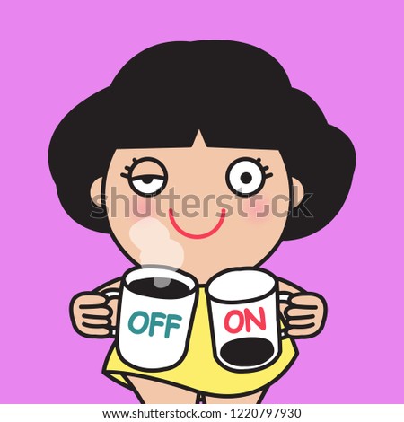 Woman Holding A Full Cup Of Black Coffee With Tired Eyes While Other Hands Holding An Empty Coffee Cup With Big Eyes Concept Card Character illustration