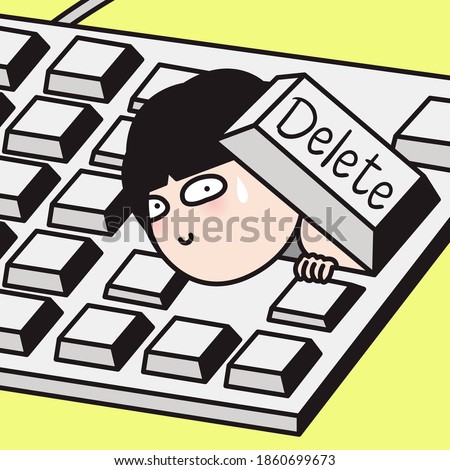 A Worker Girl With Cheeky Face Remove Herself From Computer Via Delete Button On Keyboard Concept Card Character illustration