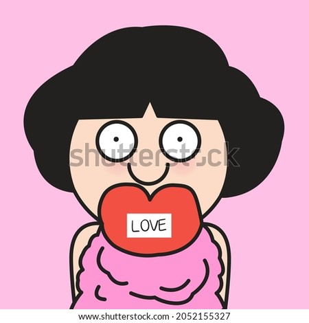 Funny Girl With Her Huge Red Heart Bursting Out From Chest Concept Card Character illustration