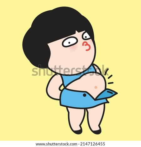 Chubby Funny Woman Cannot Button Up Her Skirt. Belly Fat Belly Tummy Concept Card Character illustration