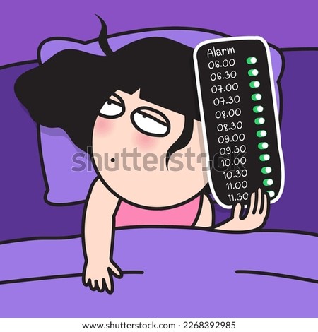 Fatigued Young Woman Waking Up With Multiple Alarm To Be Sure She Won't Dismiss The Snooze. Bad Sleeping Habit Effects On Health Concept Card Character illustration