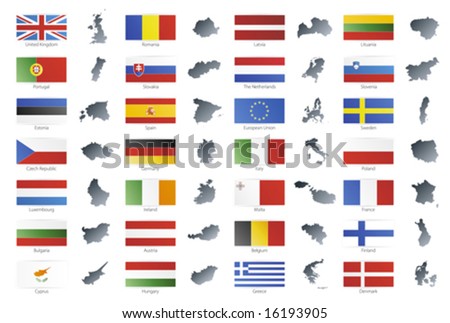 Vector illustration of button flags of the 27 members of the European Union as of 2008 plus NATO and the EU. Coupled with national maps.