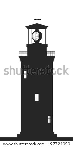 Lighthouse. Silhouette of large lighthouse isolated on white background. Vector illustration.