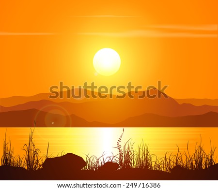 Landscape with sunset at the seashore. Grass silhouette over bright water and mountain range. Vector illustration.