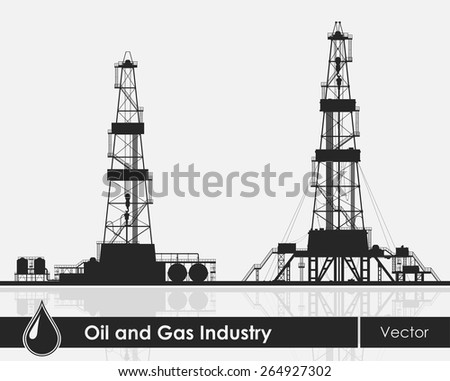 Set of oil rigs silhouettes. Detailed vector illustration over grey background. 