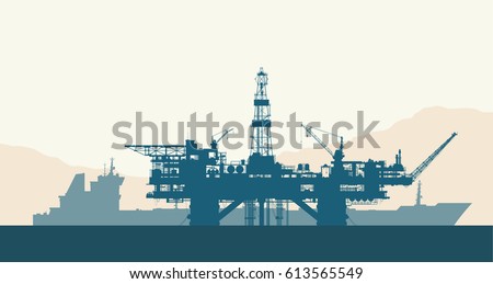 Sea offshore oil drilling rig and tanker silhouettes. Detail vector illustration