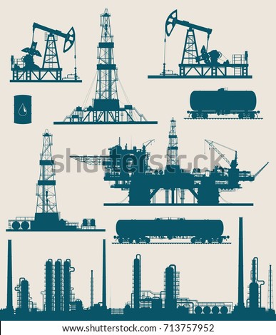 Set of oil and gas industry elements silhouettes. Oil refinery, offshore sea and land oil drilling rigs, pumpjack and railroad tanks. Vector illustration.