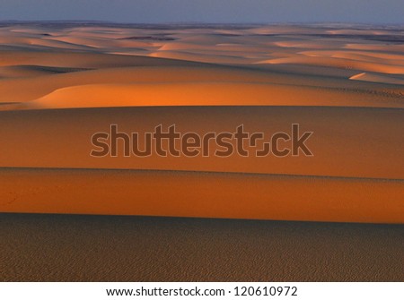 Dawn in Sahara Desert: the sand dunes of Abu Muharrik. A view from above the top of the highest dune. These longitudinal system is part of a huge composite sand complex, that is extended over 600 km