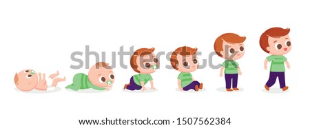 Baby boy walking. Developing process. Baby development timeline, baby growth stages. Crawling around and sitting. Set of baby  characters.