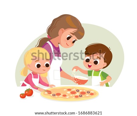 Mother with kids making pizza. Boy and girl cooking. Two kids making pizza. Boy and girl cooking. Boy salting pizza.