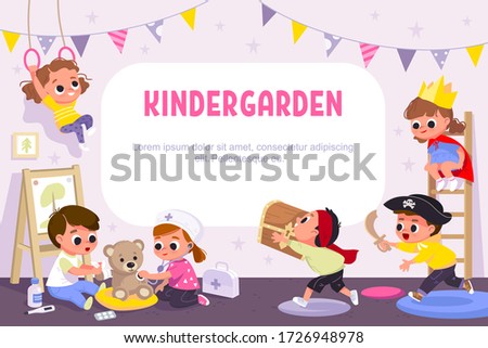 Children play together in kinder garden. Kids doing pirates role play. Preschool kids have fun. Children doctors examining teddy bear with stethoscope. Vector illustration.