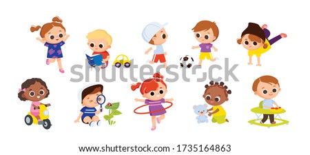 Similar – Image, Stock Photo Toddler playing with walker push toy; leaning on toy while standing and reaching for interactive button